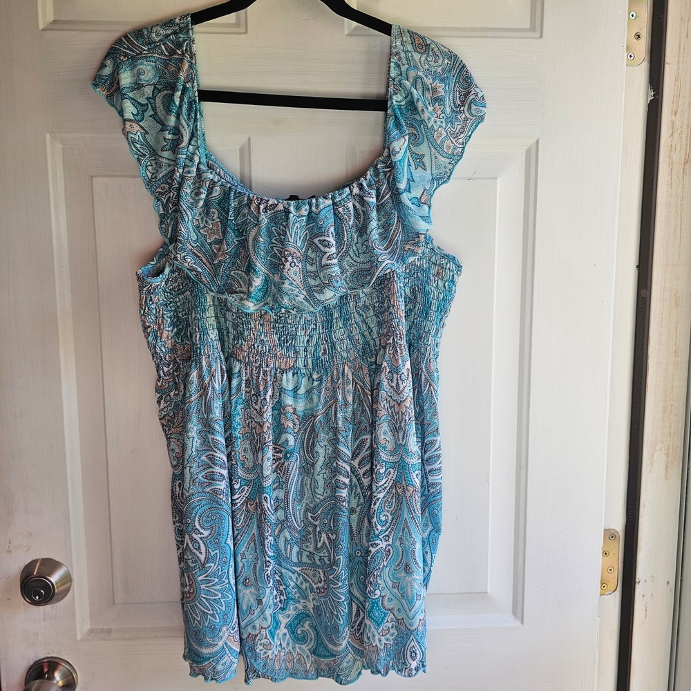Lane Bryant Venezia 22/24 Blue Paisley Smocked Ruffle Top Boho Y2K